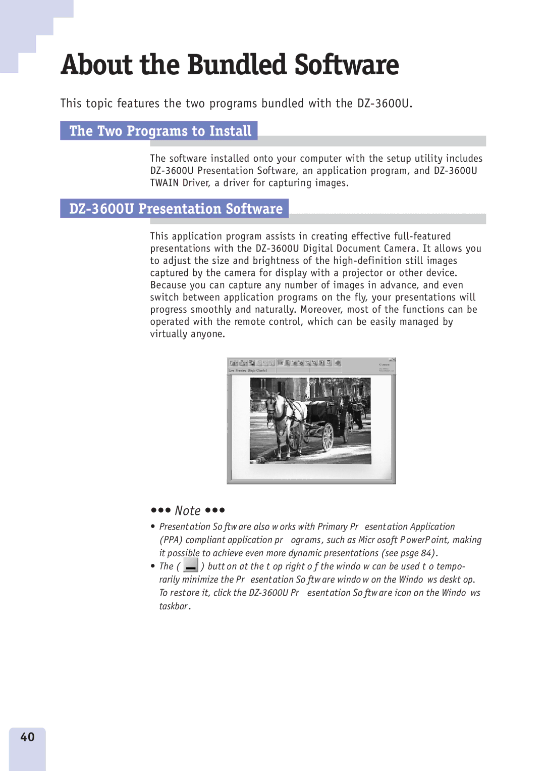 Canon DZ3600u manual About the Bundled Software, Two Programs to Install, DZ-3600U Presentation Software 