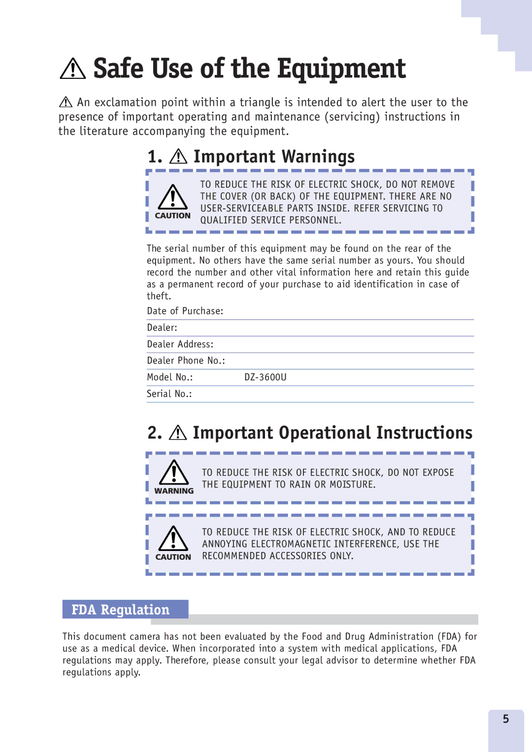Canon DZ3600u manual Safe Use of the Equipment, FDA Regulation 