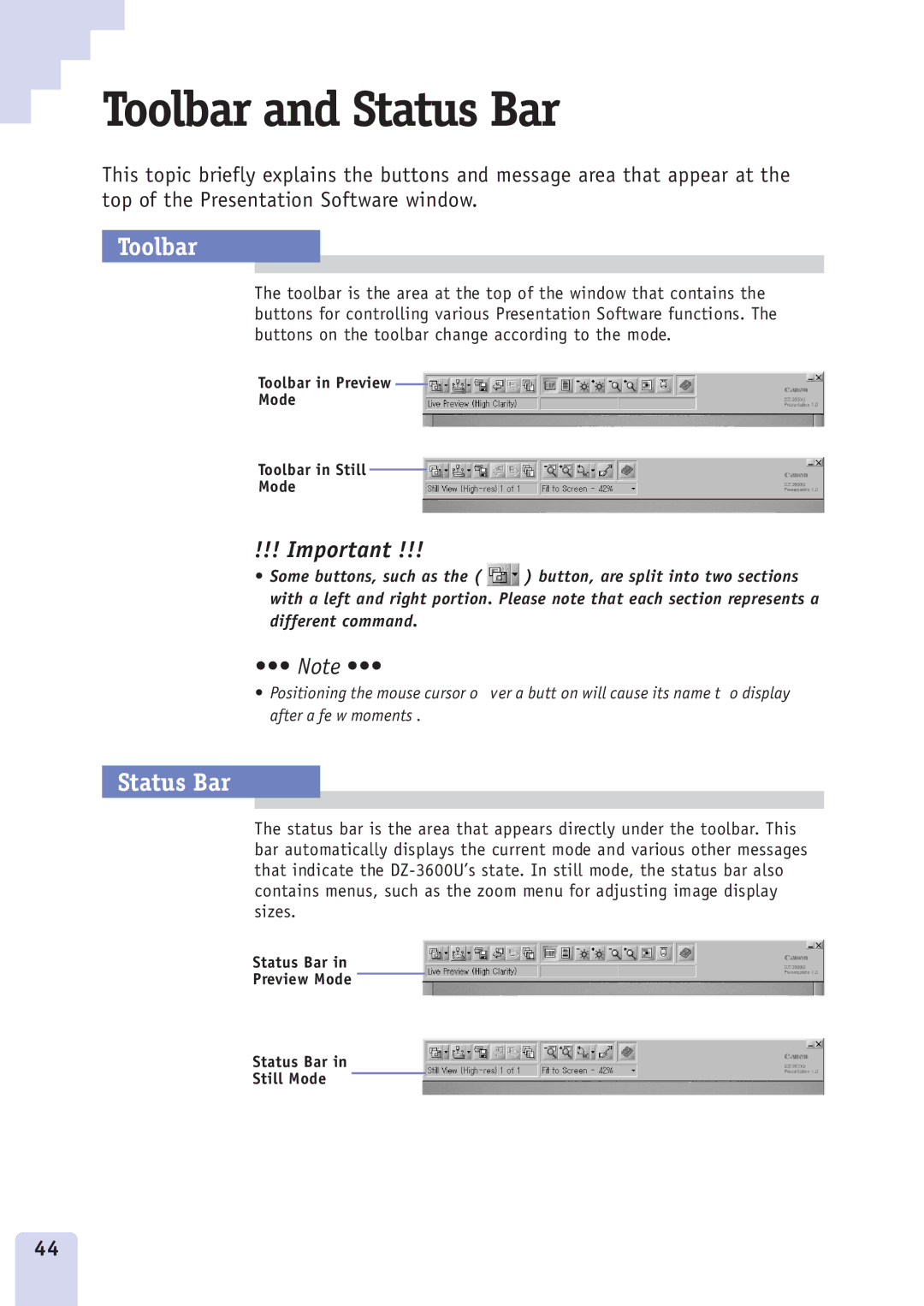 Canon DZ3600u manual Toolbar and Status Bar 