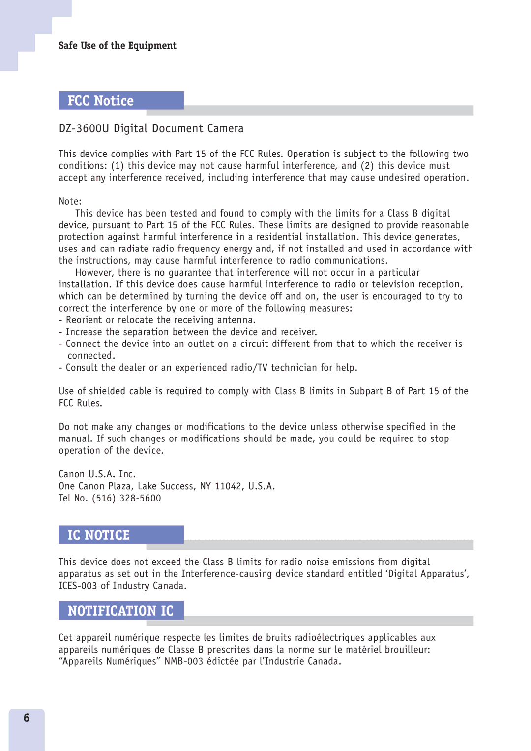 Canon DZ3600u manual FCC Notice, DZ-3600U Digital Document Camera 