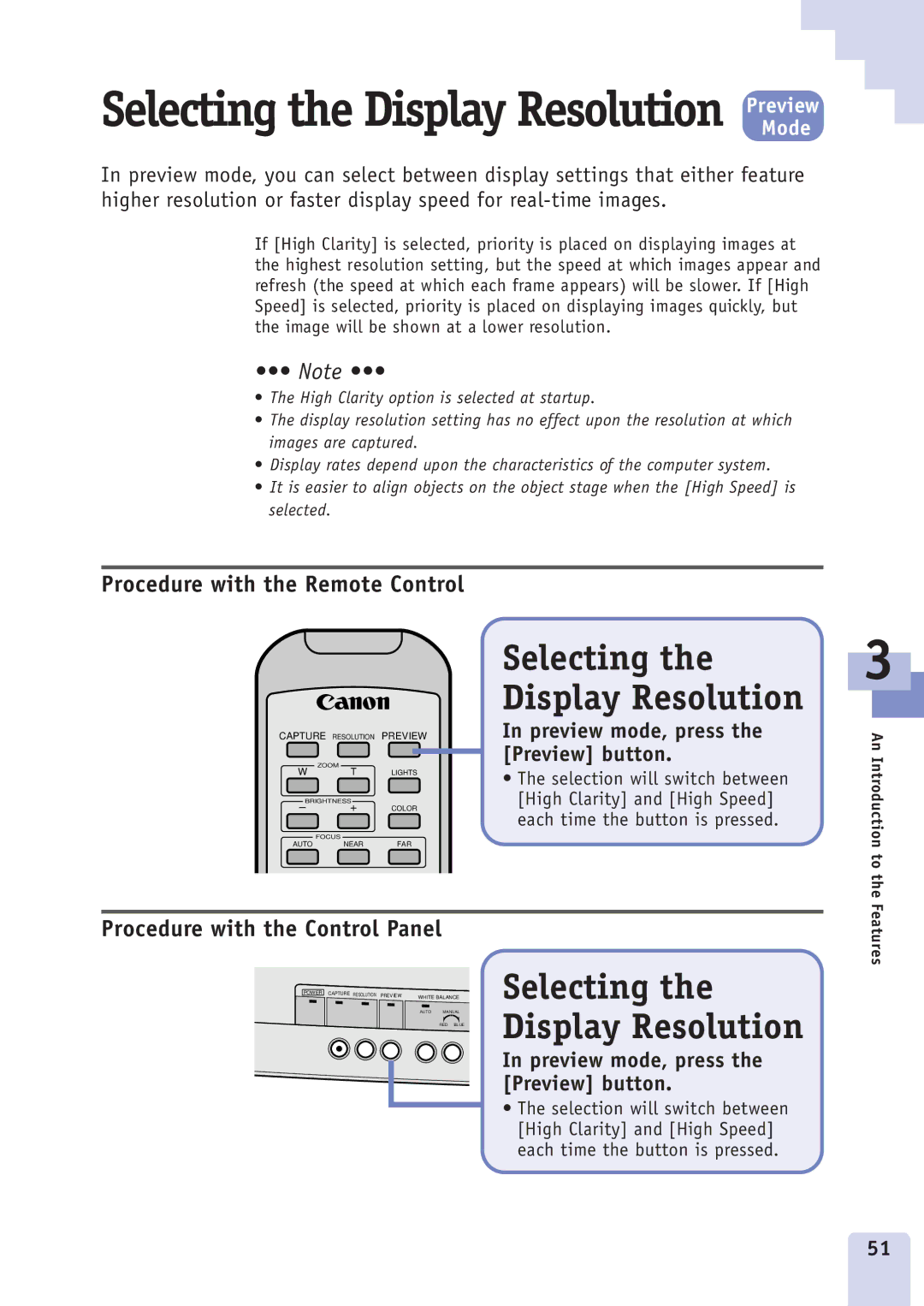 Canon DZ3600u manual Selecting the Display Resolution, Preview mode, press the Preview button 