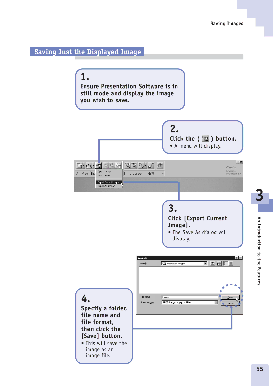 Canon DZ3600u manual Saving Just the Displayed Image, Click Export Current Image 