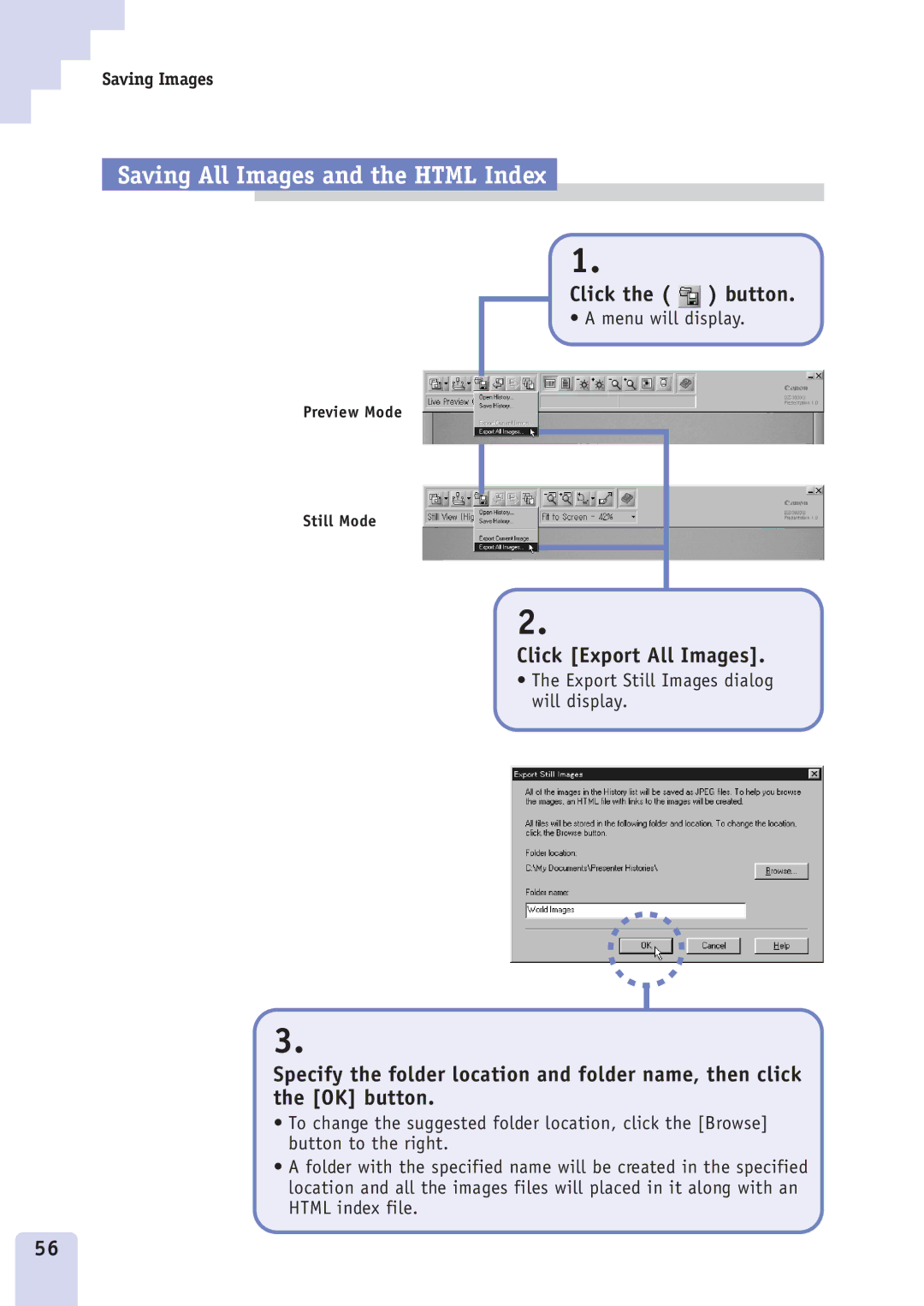 Canon DZ3600u manual Saving All Images and the Html Index, Click Export All Images 