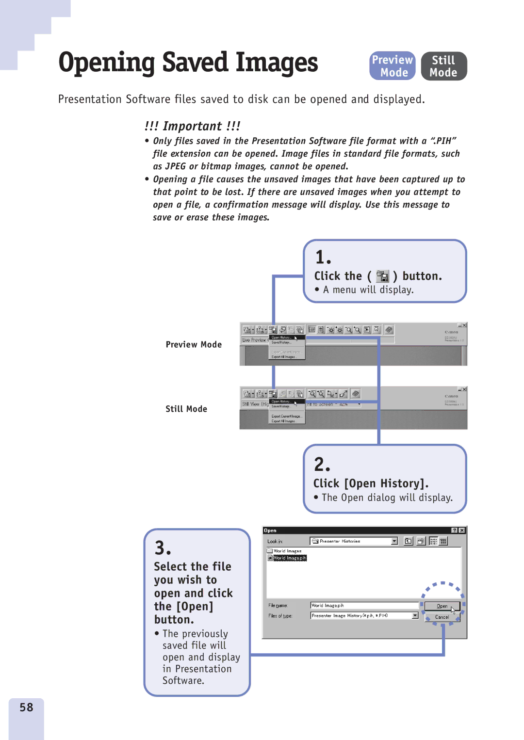 Canon DZ3600u manual Opening Saved Images, Click Open History 