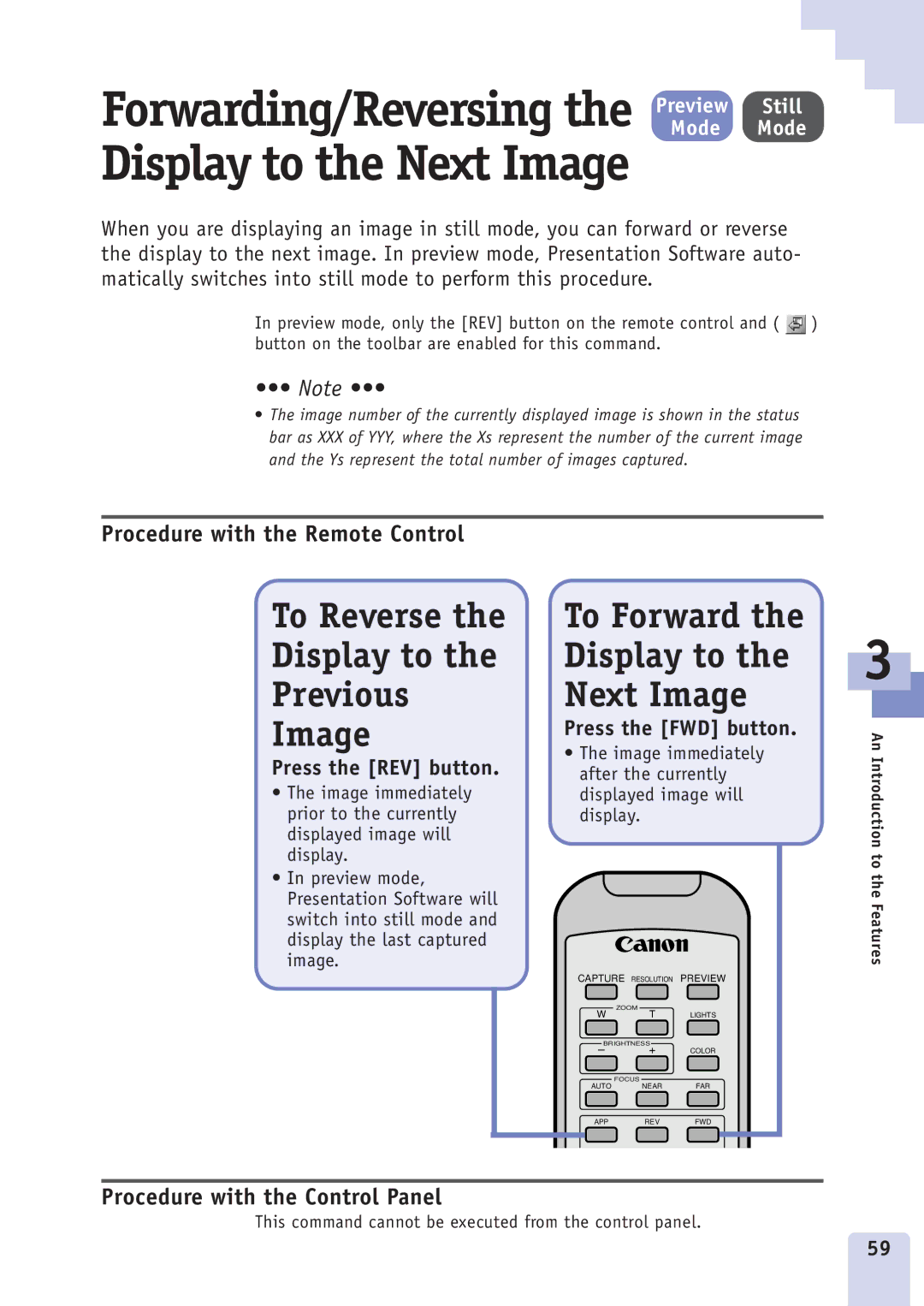 Canon DZ3600u manual Forwarding/Reversing the Preview Still, Display to the Next Image, To Reverse, Press the REV button 