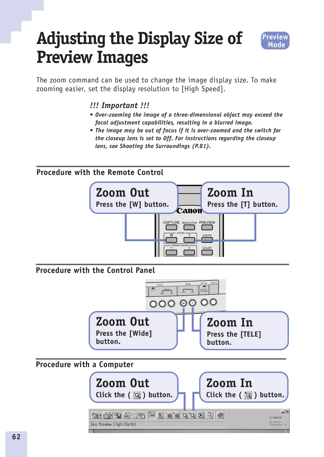 Canon DZ3600u manual Adjusting the Display Size of Preview Images, Zoom Out 