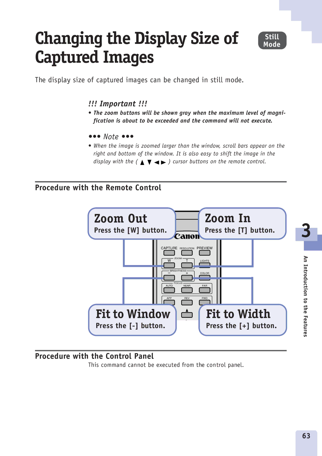 Canon DZ3600u manual Changing the Display Size of Still, Captured Images, Fit to Width, Press the button 