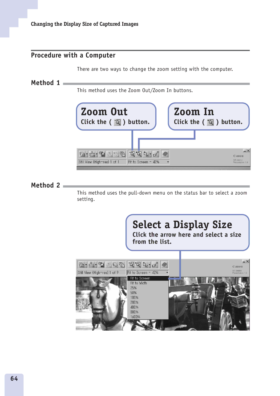 Canon DZ3600u manual Select a Display Size, Click the arrow here and select a size from the list 