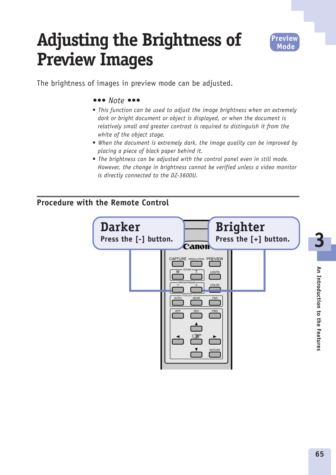 Canon DZ3600u manual Preview Images, Darker Brighter 