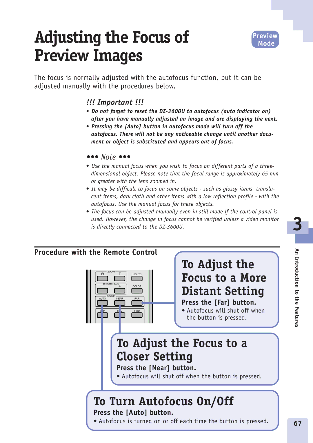 Canon DZ3600u manual To Adjust the Focus to a More Distant Setting, To Adjust the Focus to a Closer Setting 