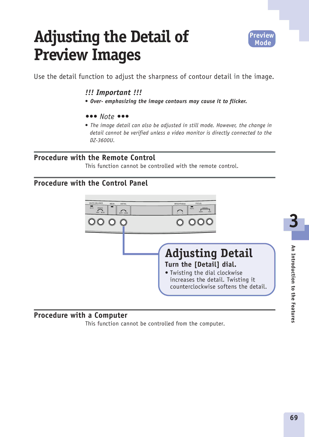 Canon DZ3600u manual Adjusting Detail, Turn the Detail dial 