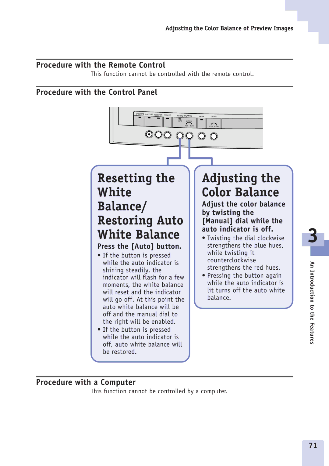 Canon DZ3600u manual Resetting White Balance Restoring Auto, Adjusting the Color Balance 