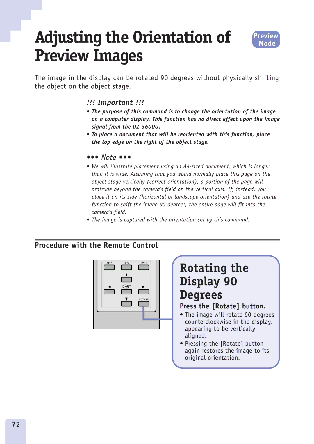 Canon DZ3600u manual Adjusting the Orientation of Preview Images, Rotating Display Degrees, Press the Rotate button 