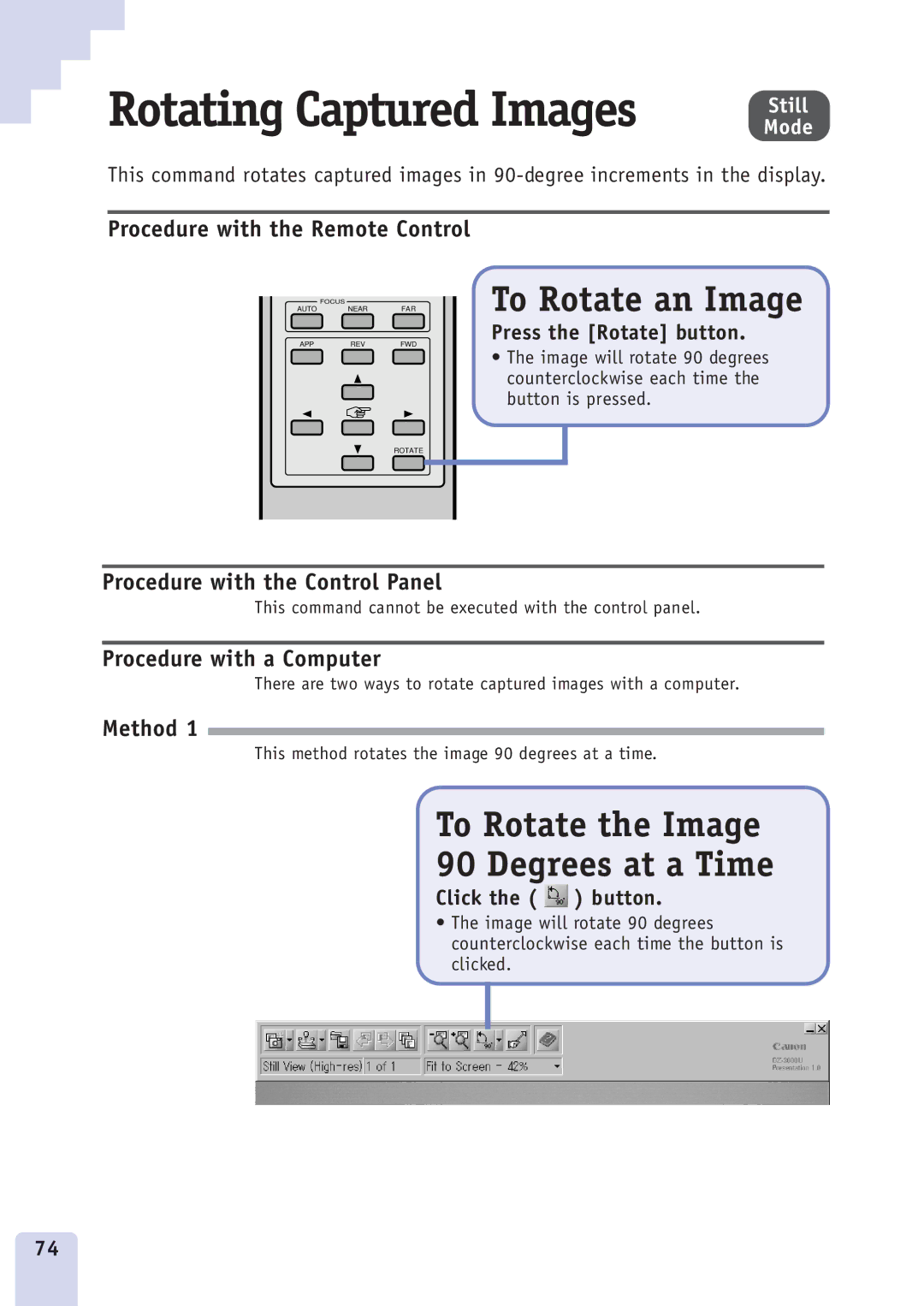 Canon DZ3600u manual Rotating Captured Images, To Rotate an Image, To Rotate the Image Degrees at a Time 