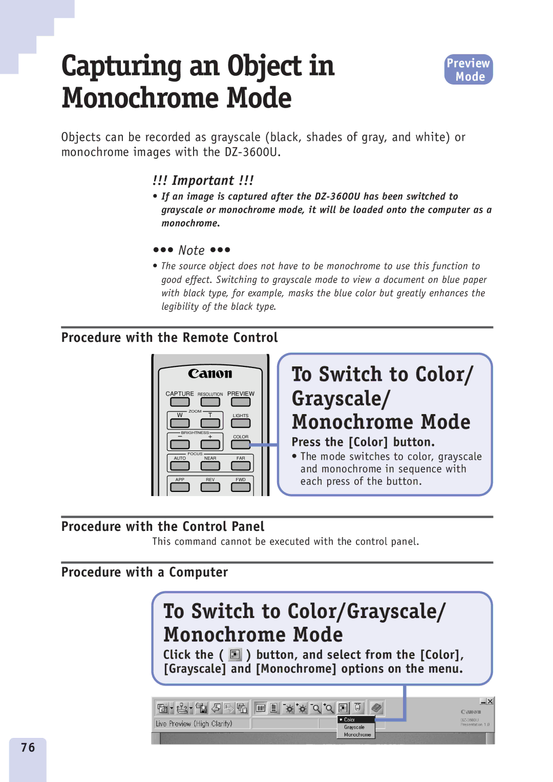 Canon DZ3600u manual To Switch to Color/ Grayscale/ Monochrome Mode, To Switch to Color/Grayscale Monochrome Mode 