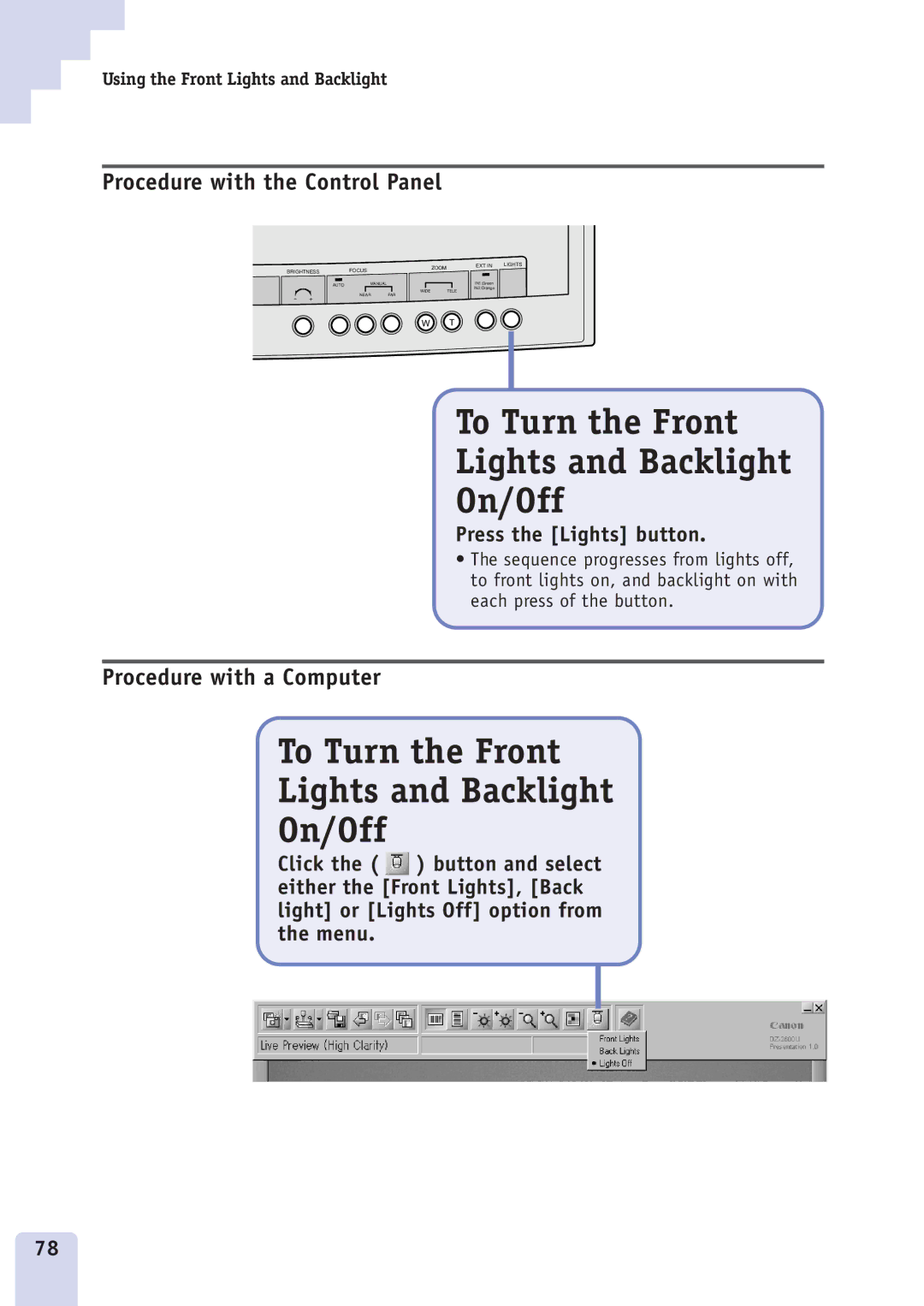 Canon DZ3600u manual To Turn the Front Lights and Backlight On/Off 