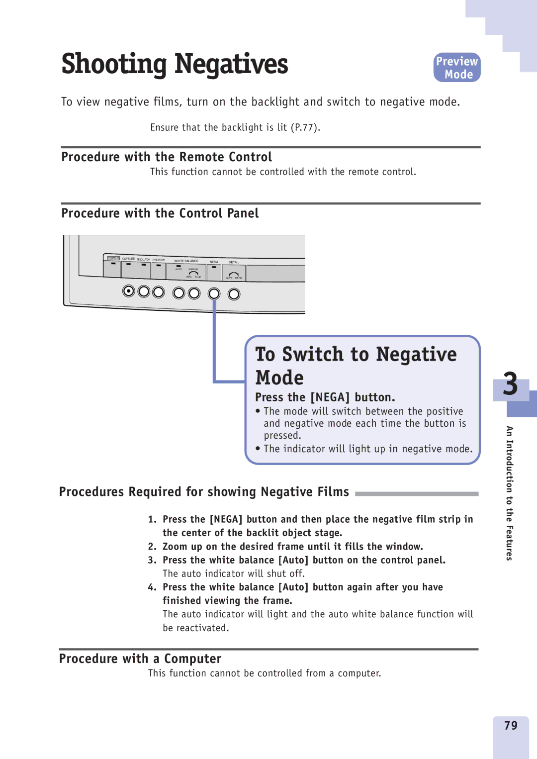 Canon DZ3600u manual Shooting Negatives, To Switch to Negative Mode, Press the Nega button 