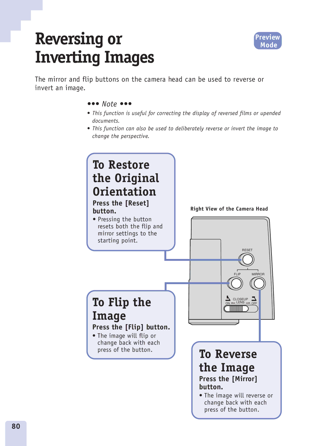 Canon DZ3600u manual Reversing or Inverting Images, To Flip the Image, Press the Reset button, Press the Flip button 