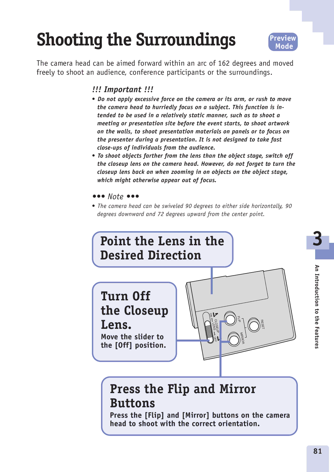 Canon DZ3600u manual Point the Lens Desired Direction Turn Off Closeup, Press the Flip and Mirror Buttons 