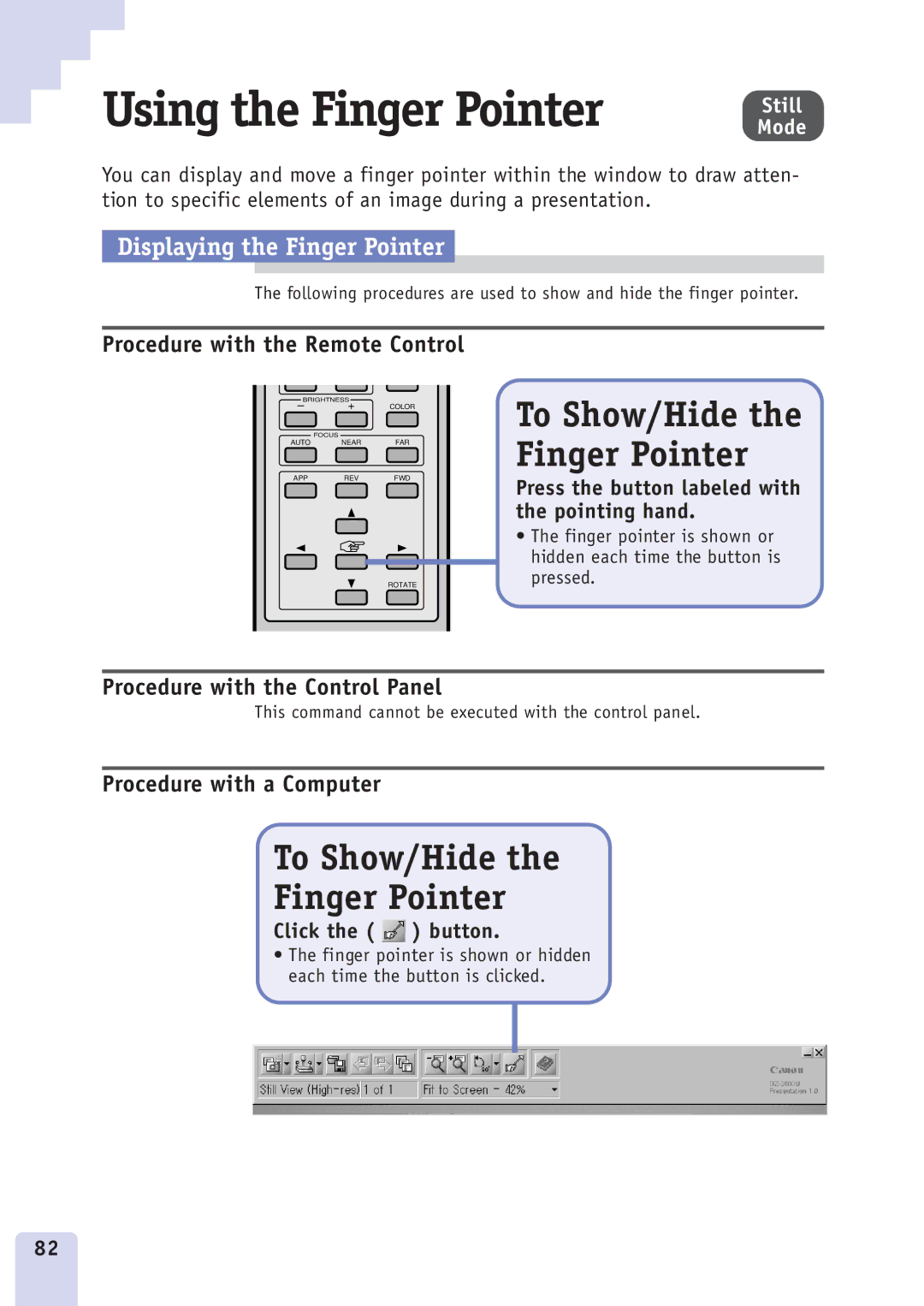 Canon DZ3600u manual Using the Finger Pointer, To Show/Hide the Finger Pointer, To Show/Hide Finger Pointer 