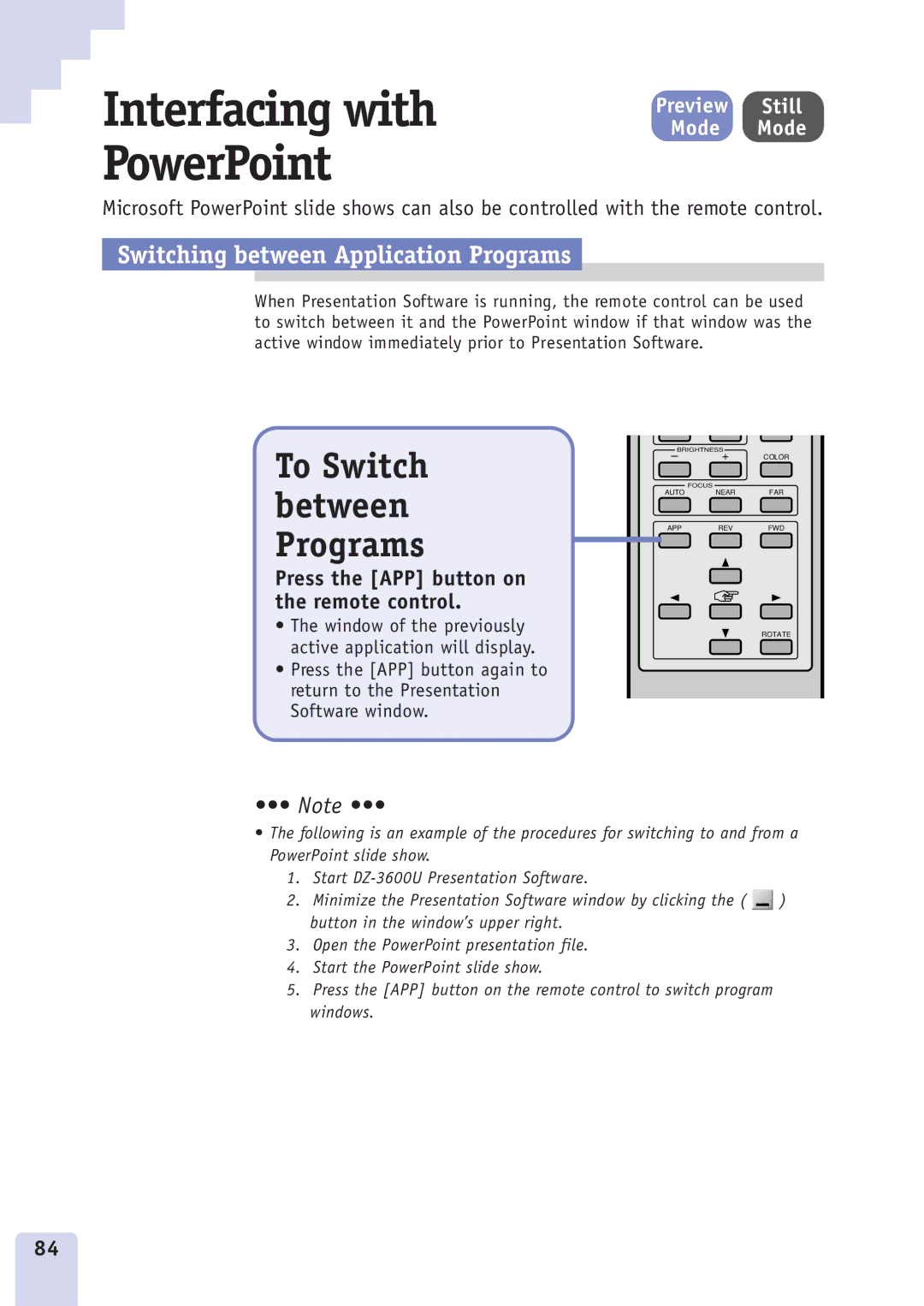 Canon DZ3600u manual Interfacing with PowerPoint, To Switch between Programs, Switching between Application Programs 