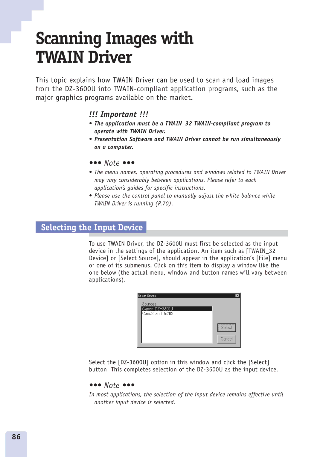 Canon DZ3600u manual Scanning Images with Twain Driver, Selecting the Input Device 