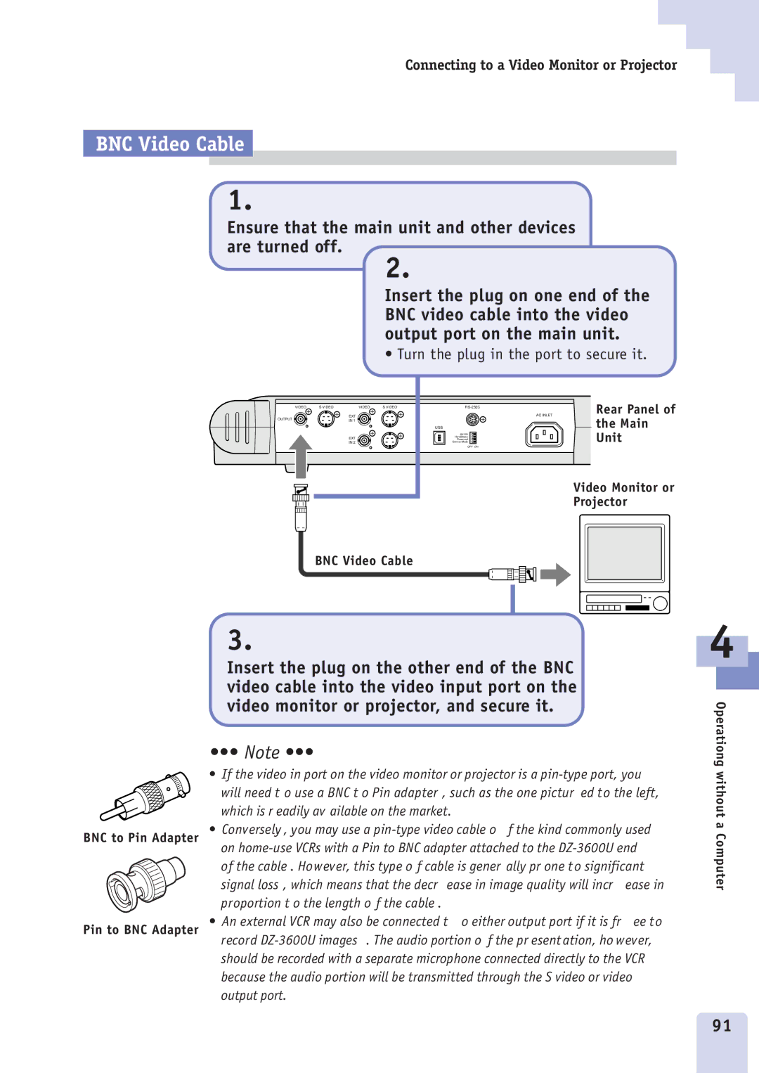 Canon DZ3600u manual BNC Video Cable, Ensure that the main unit and other devices are turned off 