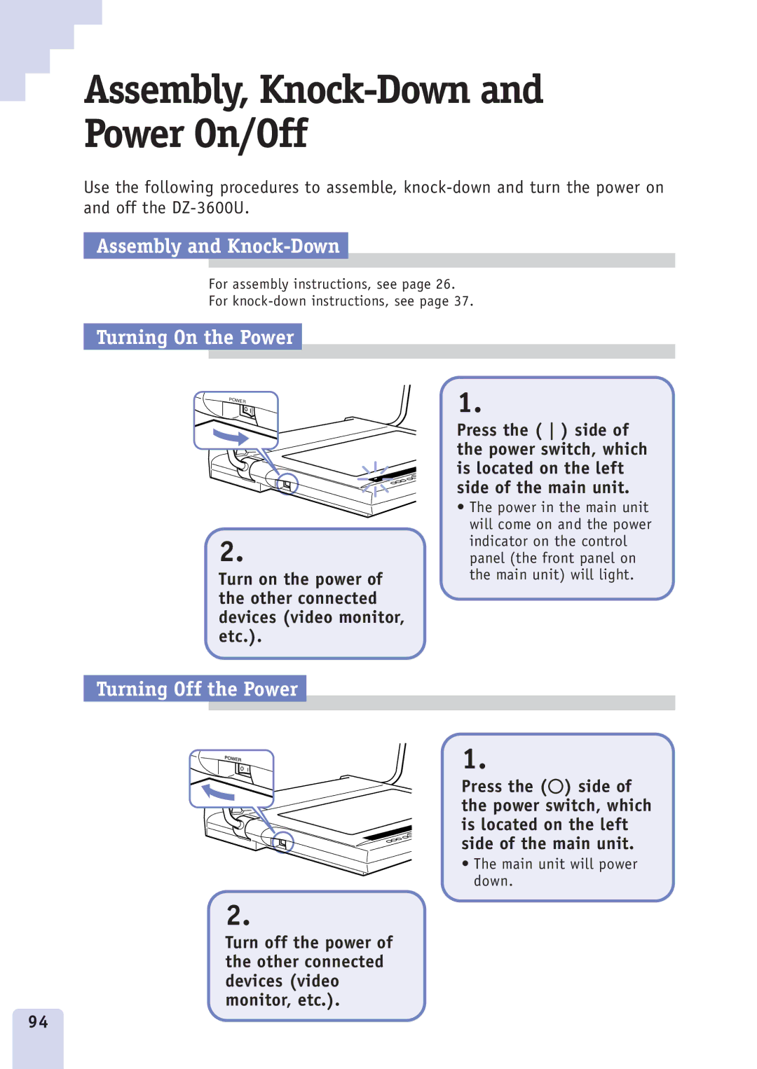 Canon DZ3600u Assembly, Knock-Down and Power On/Off, Assembly and Knock-Down, Turning On the Power, Turning Off the Power 
