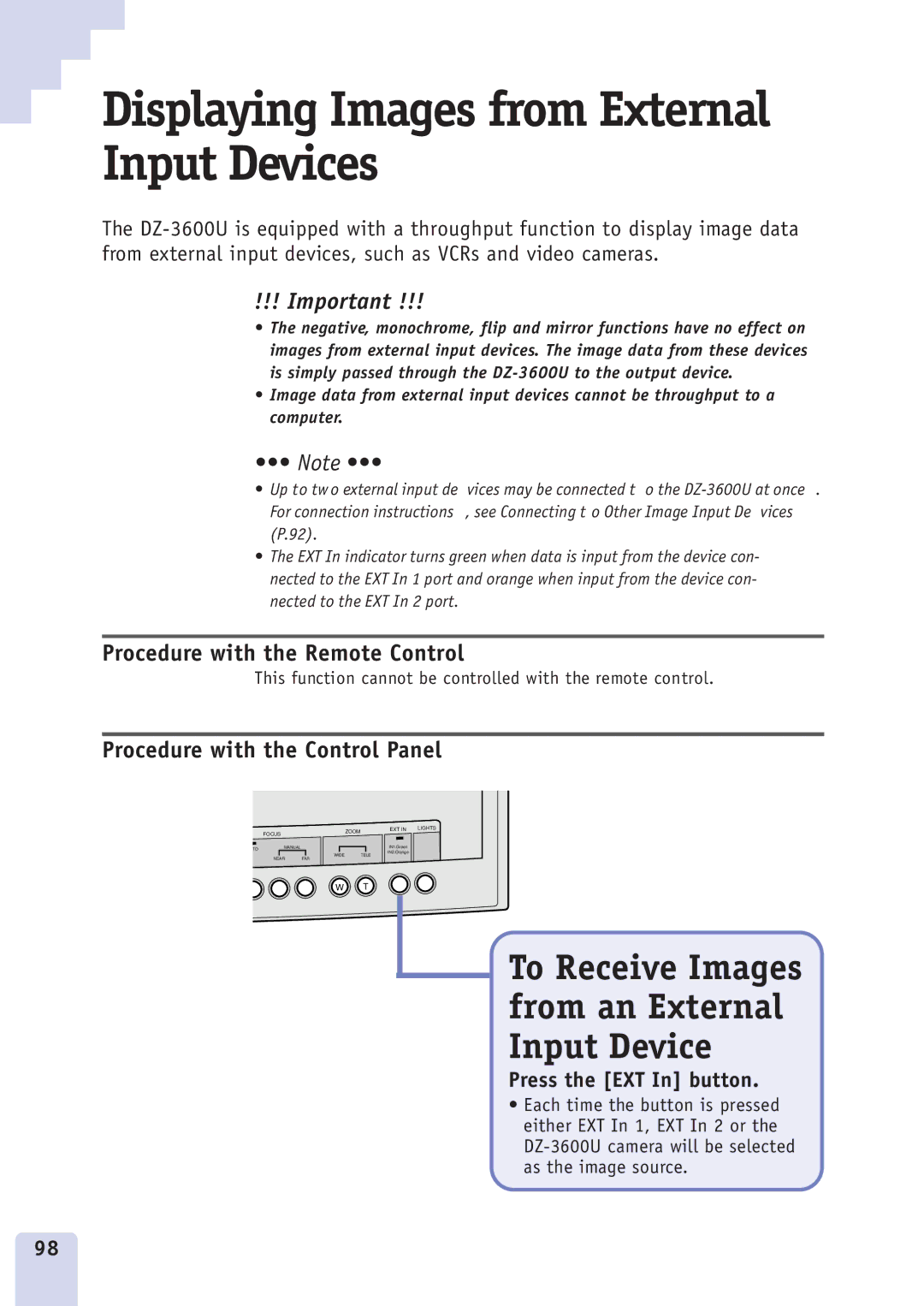 Canon DZ3600u manual Displaying Images from External Input Devices, To Receive Images from an External Input Device 