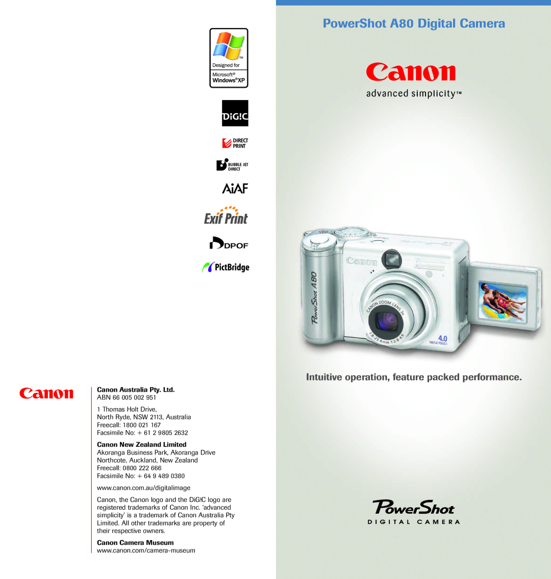 Canon E1 manual PowerShot A80 Digital Camera 