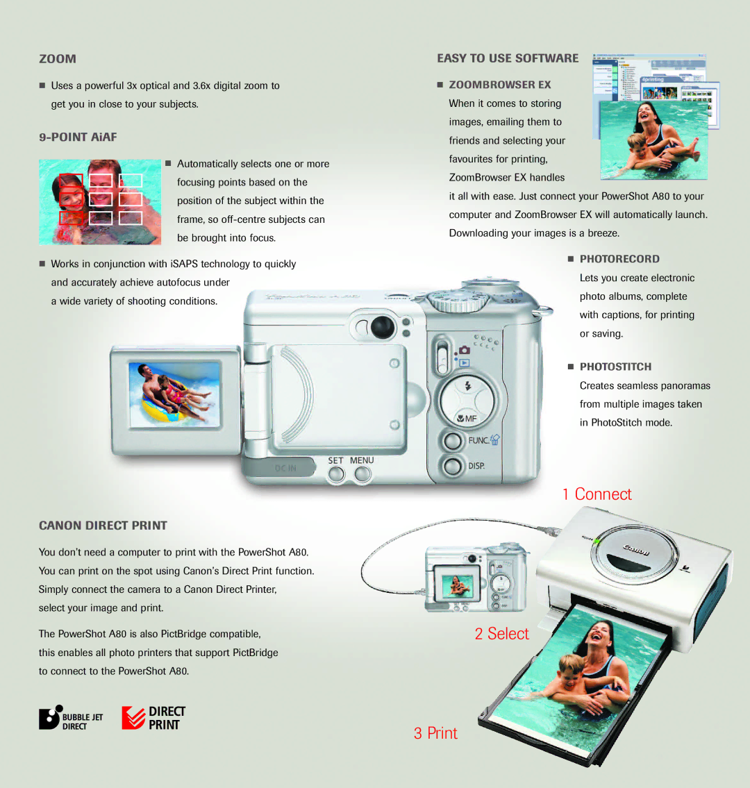 Canon E1 manual Zoom, Canon Direct Print, Easy to USE Software, Automatically selects one or more 