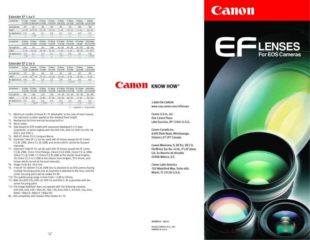 Canon EF Lenses manual Extender EF 1.4x, Extender EF 2.5x 