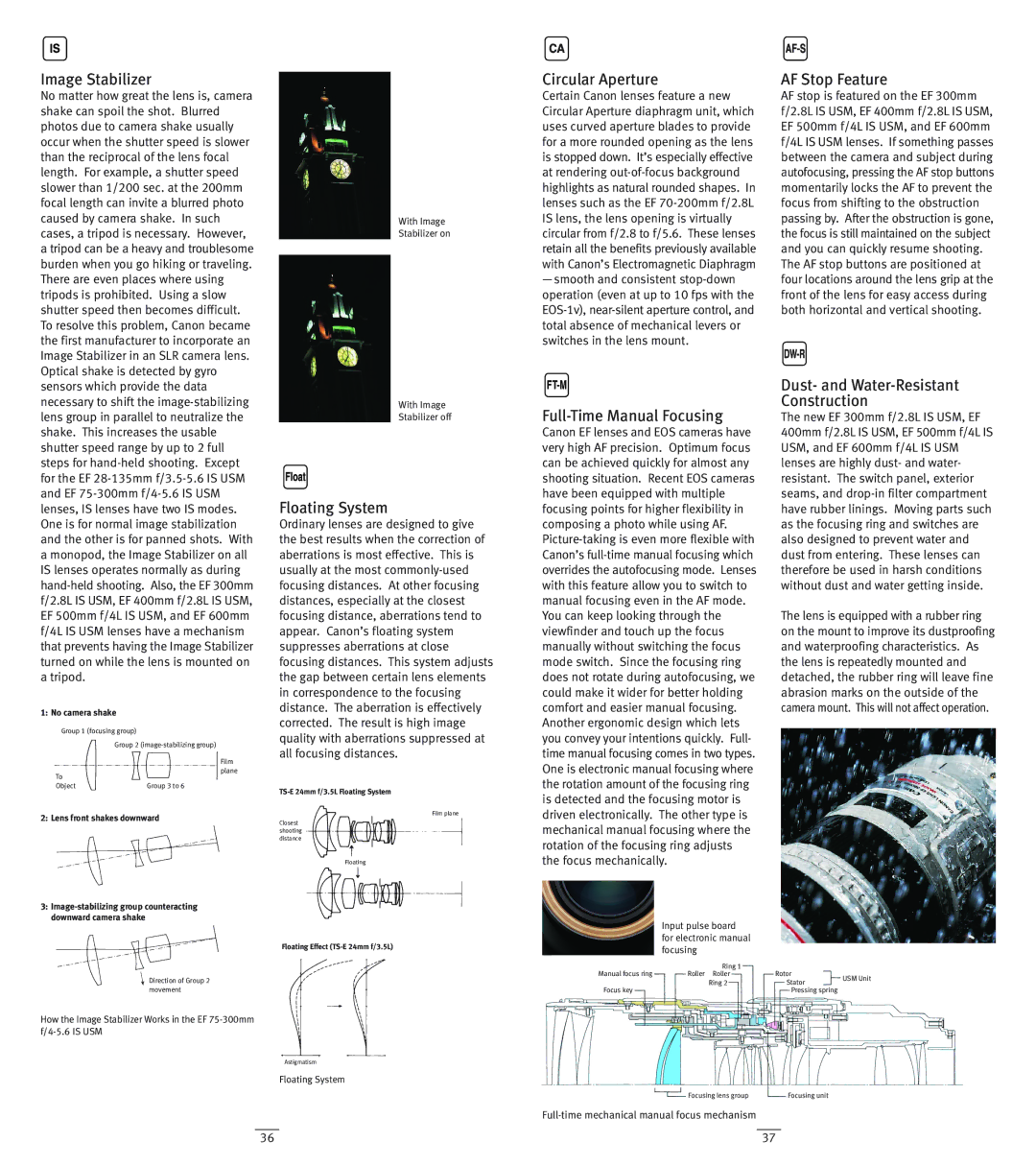 Canon EF Lenses manual Image Stabilizer, Circular Aperture, AF Stop Feature, Floating System, Full-Time Manual Focusing 