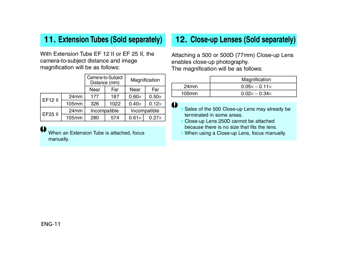 Canon EF24 manual Extension Tubes Sold separately, Close-up Lenses Sold separately 