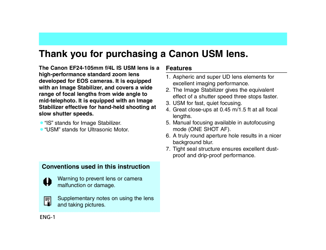 Canon EF24 manual Features, Conventions used in this instruction 