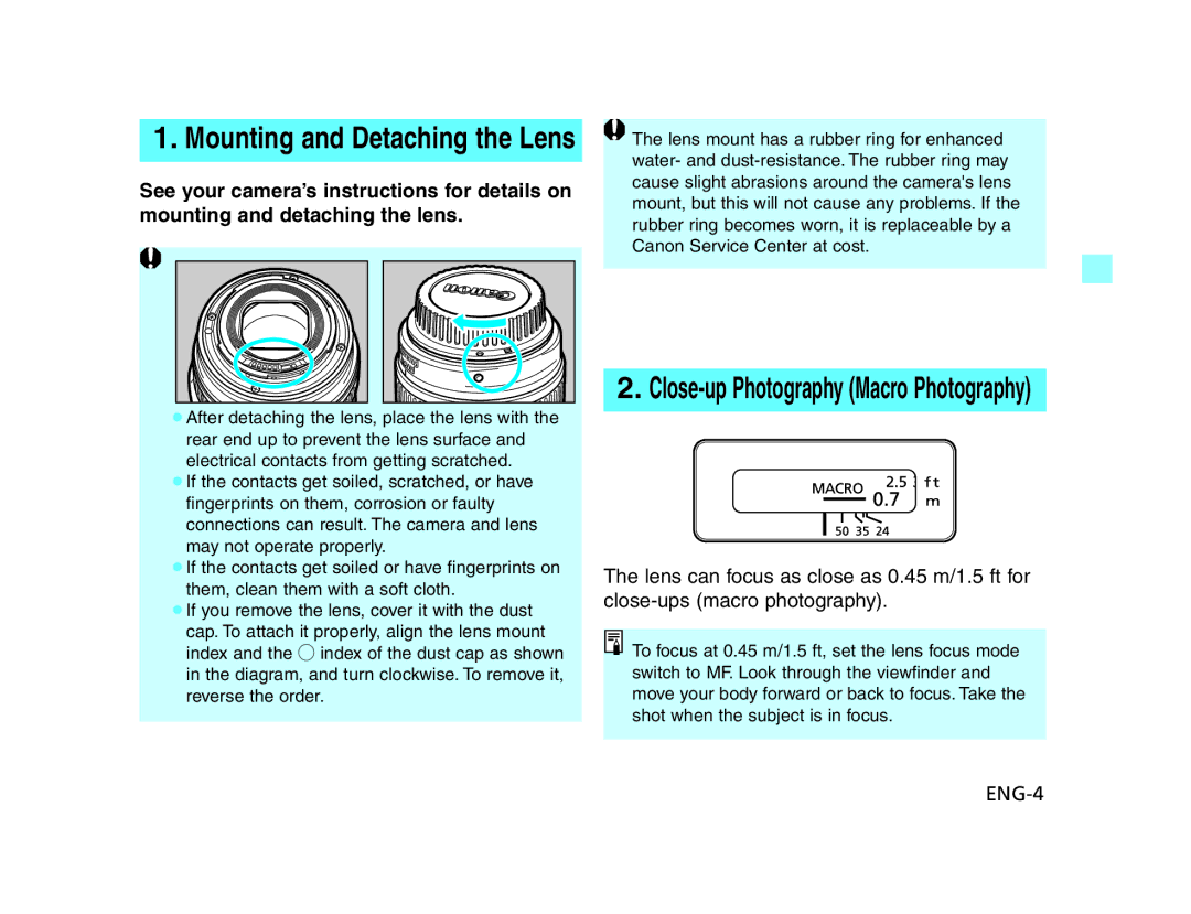 Canon EF24 manual Mounting and Detaching the Lens, Close-up Photography Macro Photography 