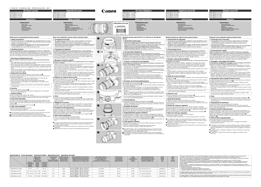 Canon specifications Nomenclature, EF80-200mm f/4.5-5.6II Teilebezeichnungen Nomenclatura, Canon, Precauciones de uso 