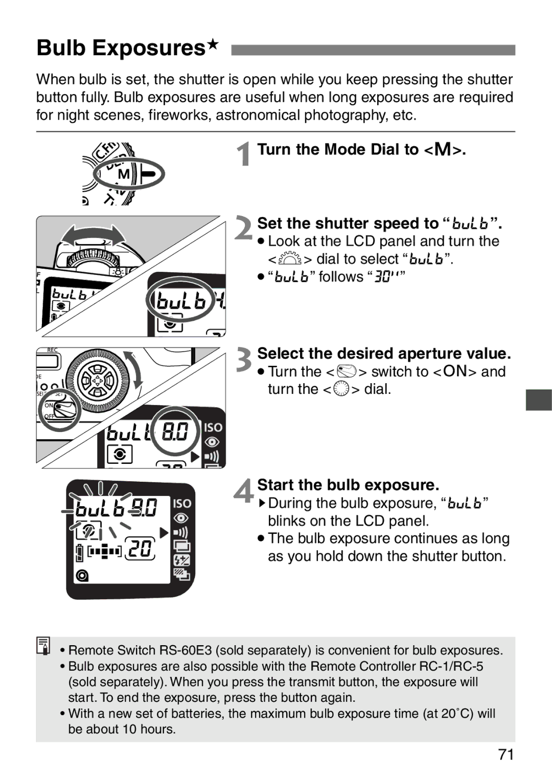 Canon ELAN7NE-30V Date, ELAN7N-33V, ELAN7NE-33V manual Bulb Exposures, Turn the Mode Dial to W 2Set the shutter speed to y 