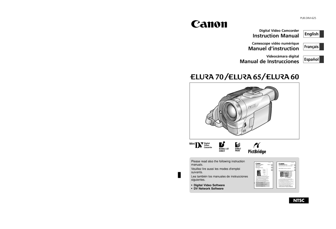 Canon ELURA60, ELURA65, ELURA70 instruction manual Digital Video Camcorder Camescope vidéo numérique, Videocámara digital 