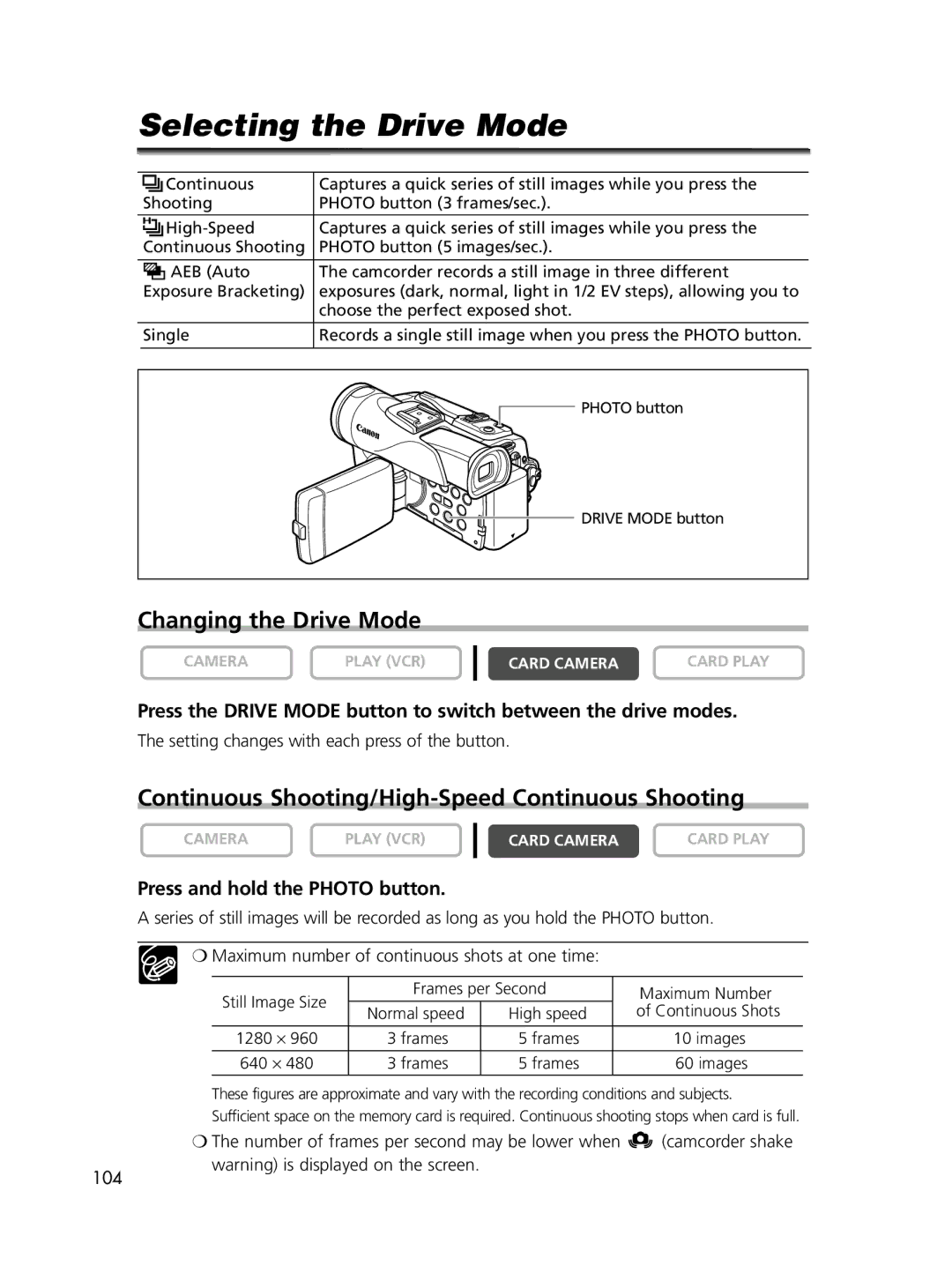 Canon ELURA70 Selecting the Drive Mode, Changing the Drive Mode, Continuous Shooting/High-Speed Continuous Shooting 