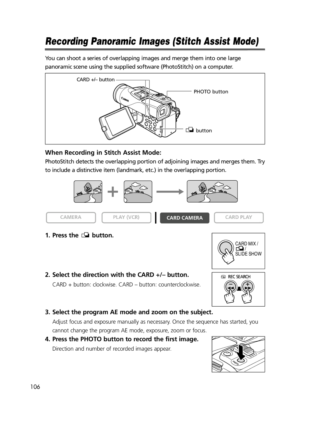 Canon ELURA60, ELURA65, ELURA70 instruction manual Recording Panoramic Images Stitch Assist Mode 