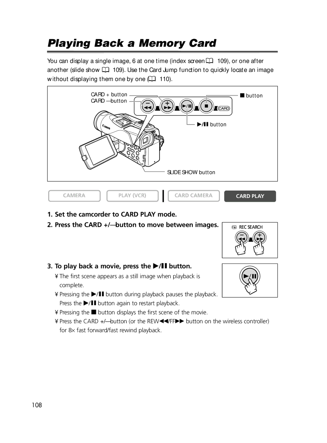 Canon ELURA65, ELURA60, ELURA70 instruction manual Playing Back a Memory Card 