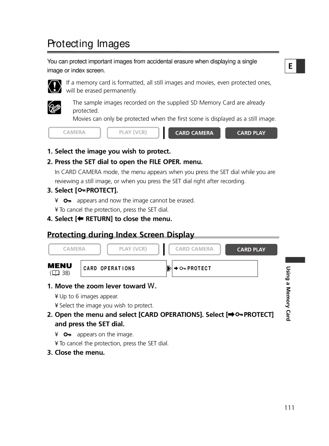 Canon ELURA65 Protecting Images, Protecting during Index Screen Display, Select Protect, Select b Return to close the menu 