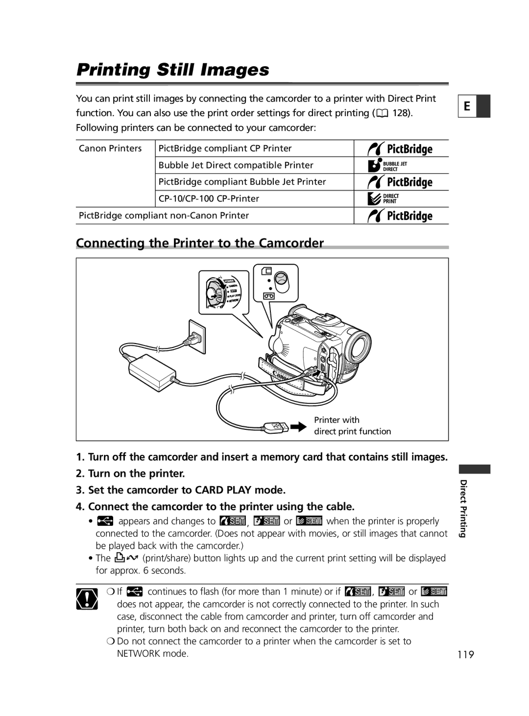 Canon ELURA70, ELURA65, ELURA60 instruction manual Printing Still Images, Connecting the Printer to the Camcorder 