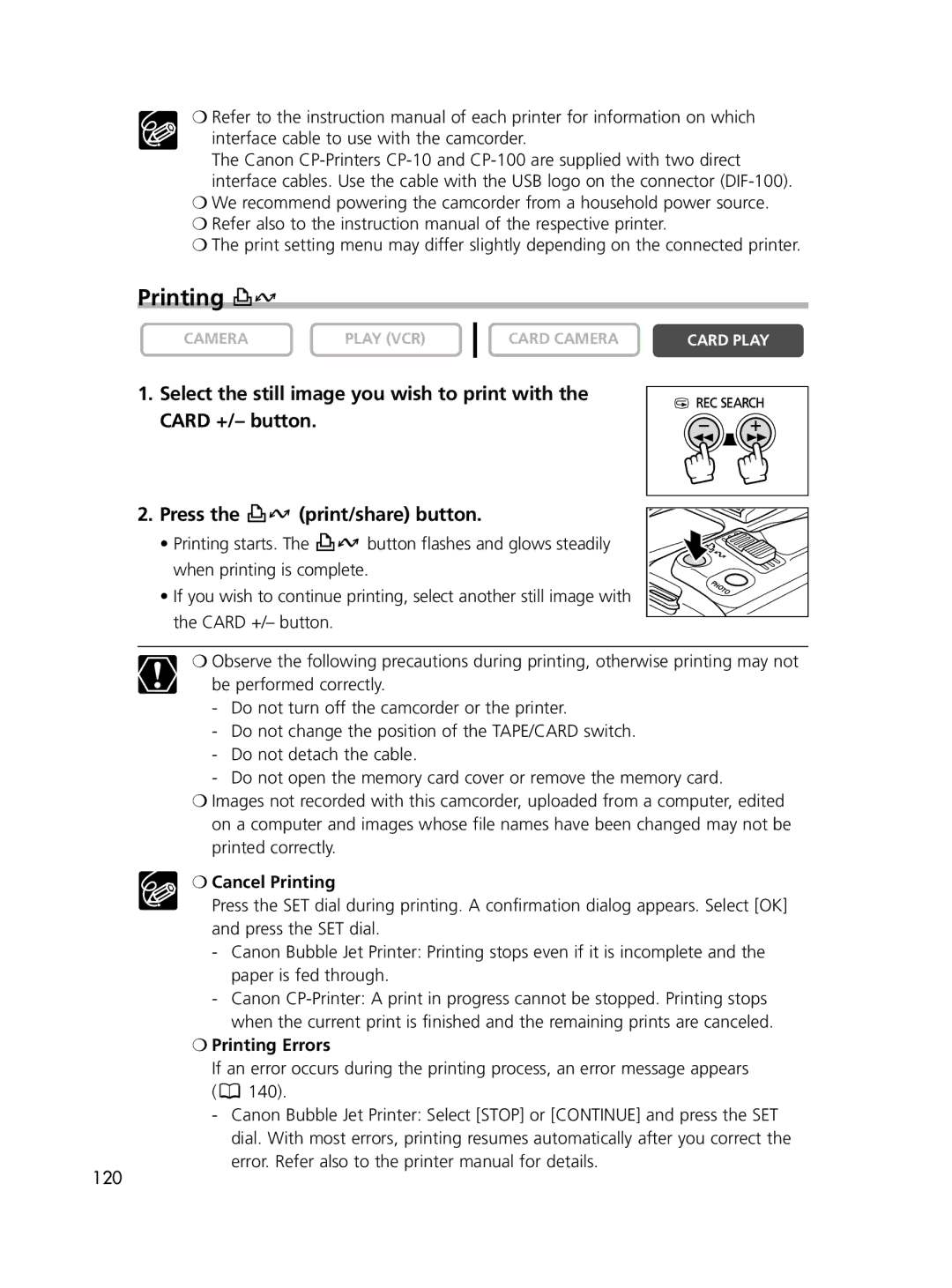 Canon ELURA65, ELURA60, ELURA70 instruction manual Cancel Printing, Printing Errors 