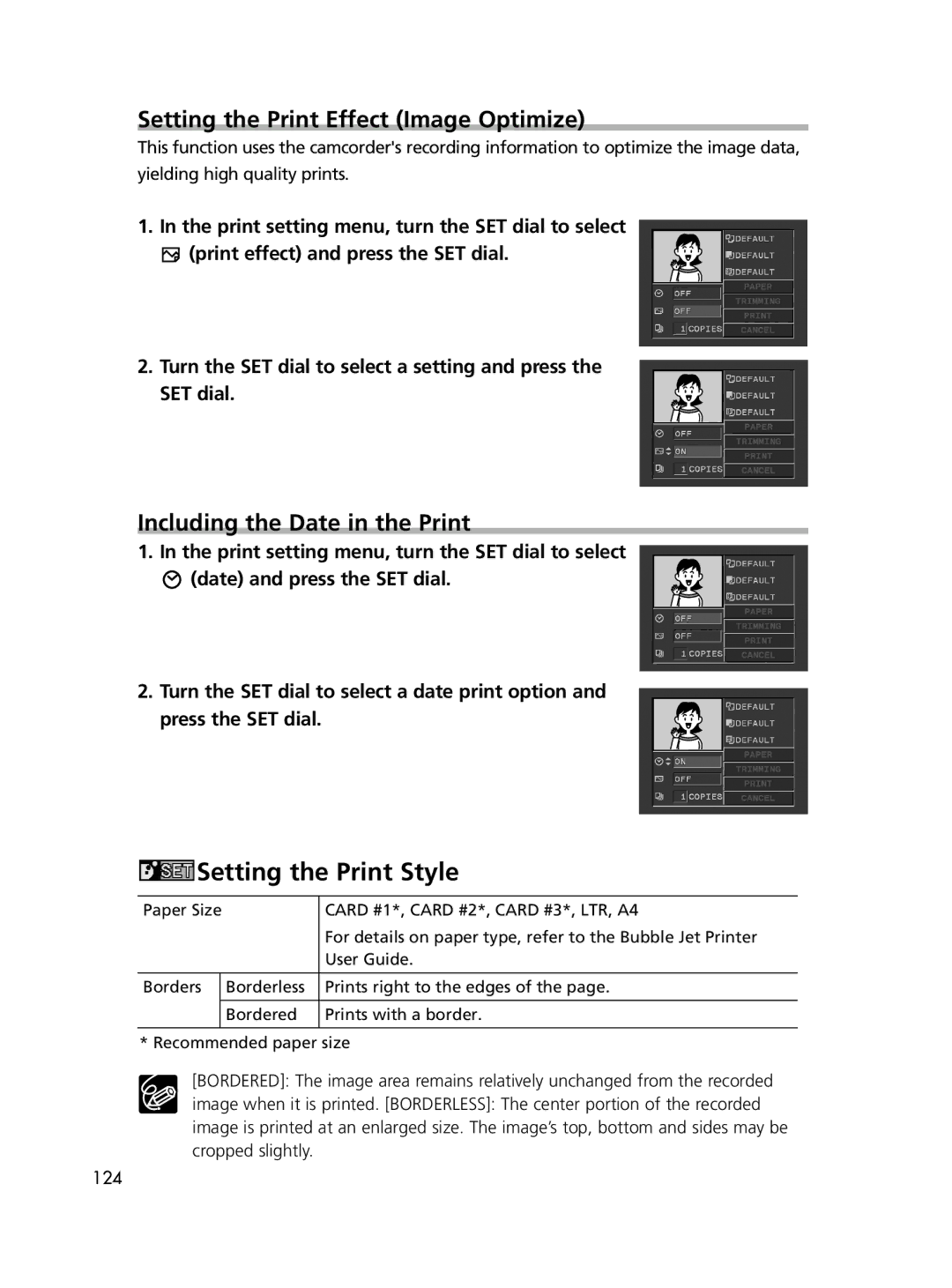 Canon ELURA60, ELURA65, ELURA70 instruction manual Setting the Print Effect Image Optimize, Including the Date in the Print 