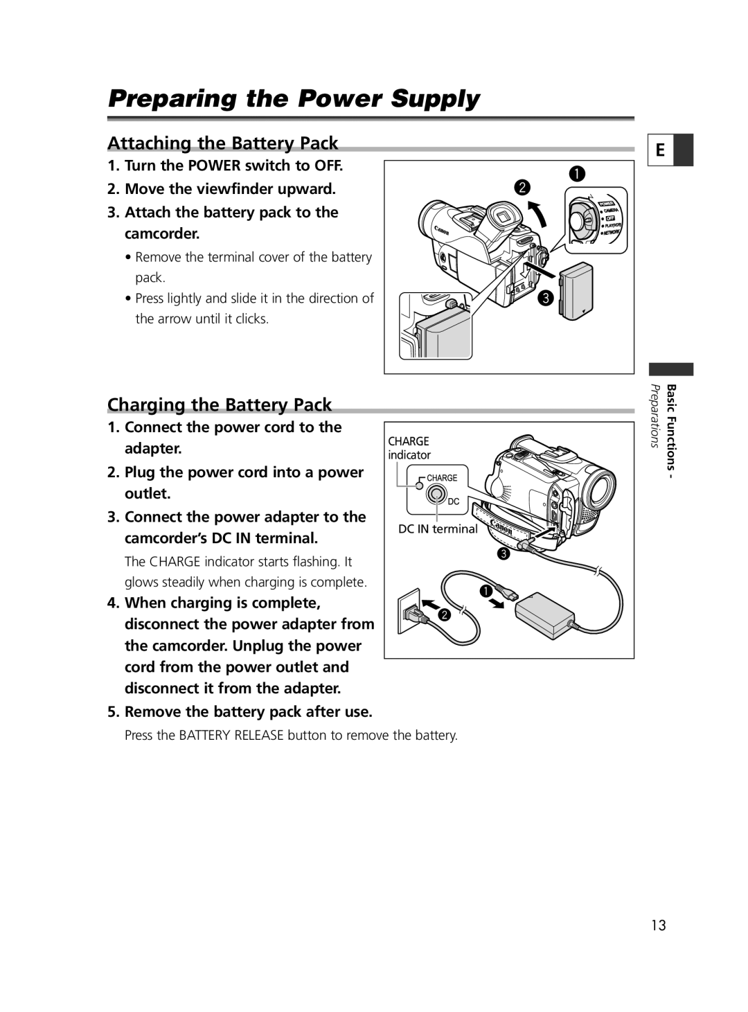 Canon ELURA60, ELURA65, ELURA70 Preparing the Power Supply, Attaching the Battery Pack, Charging the Battery Pack 