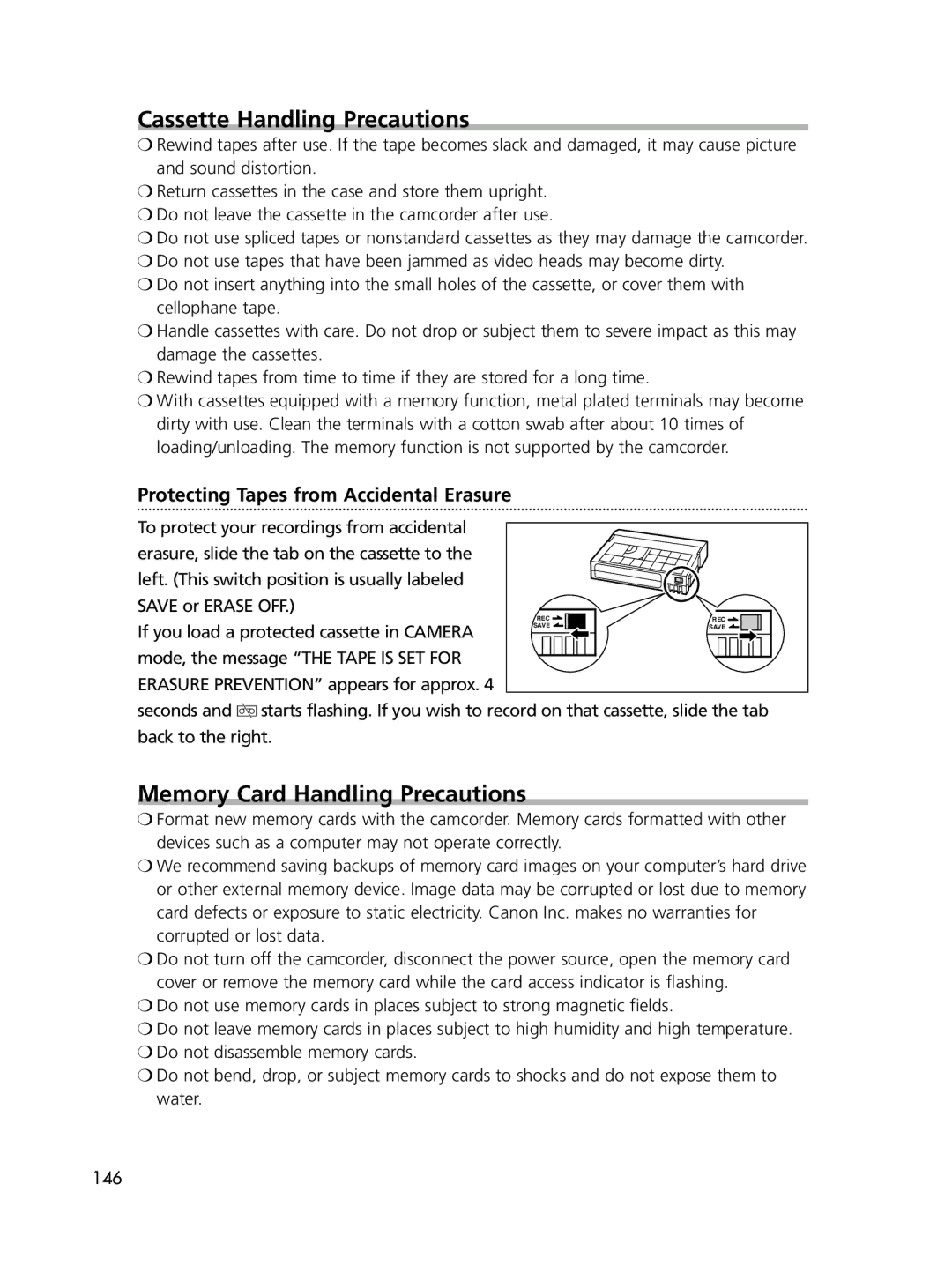 Canon ELURA70, ELURA65, ELURA60 instruction manual Cassette Handling Precautions, Memory Card Handling Precautions 