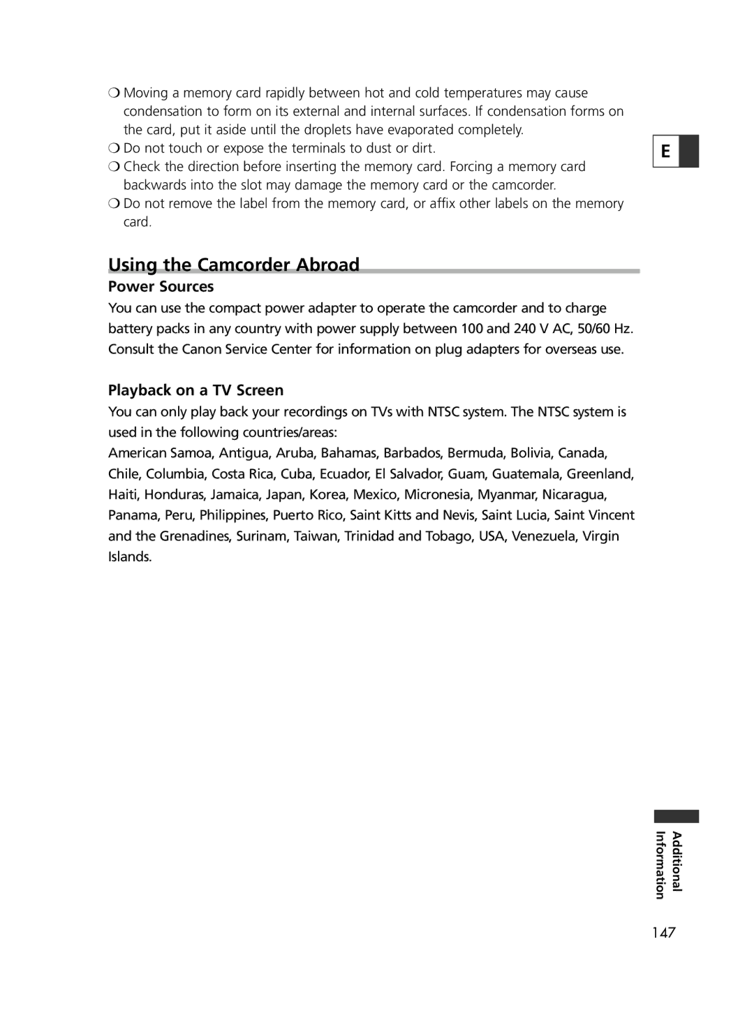 Canon ELURA65, ELURA60, ELURA70 instruction manual Using the Camcorder Abroad, Power Sources, Playback on a TV Screen 