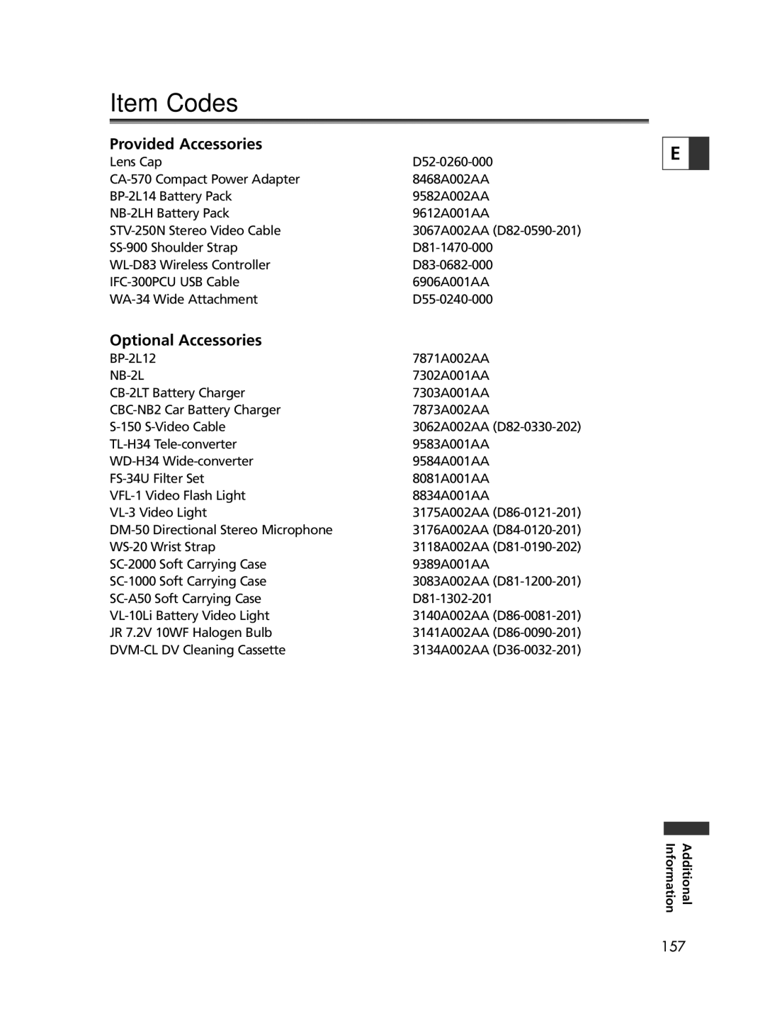 Canon ELURA60, ELURA65, ELURA70 instruction manual Item Codes, Provided Accessories, Optional Accessories 